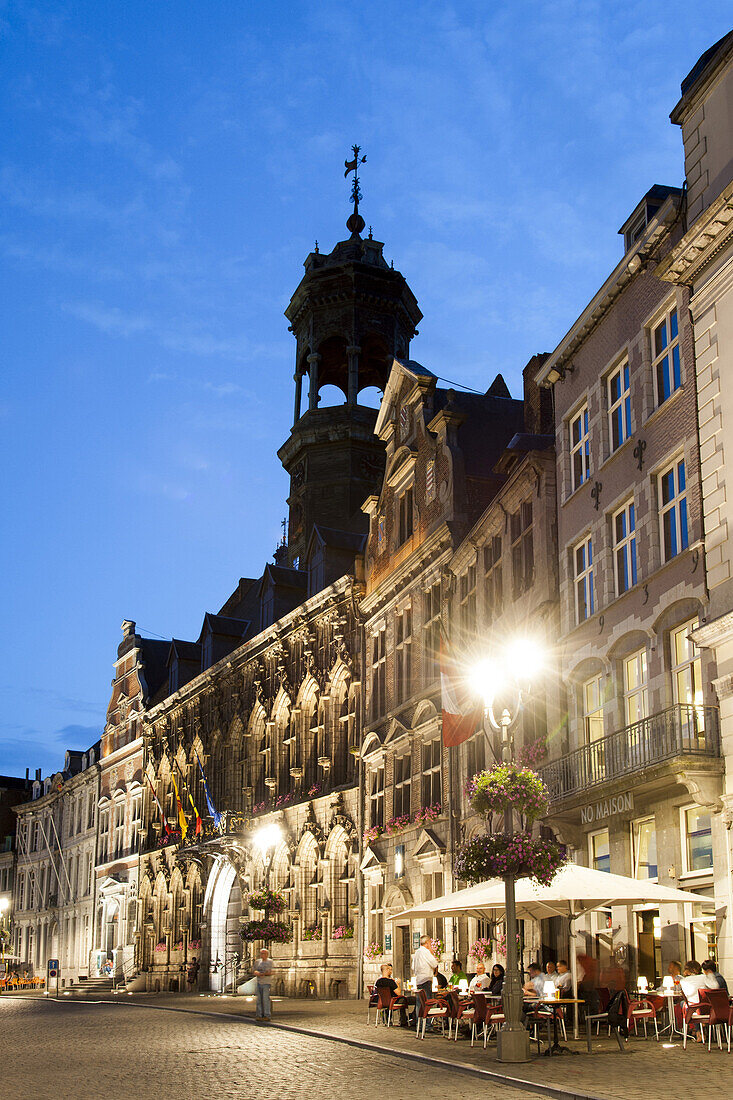 Grand Place square at dusk, guild hall, Mons, Hennegau, Wallonie, Belgium, Europe