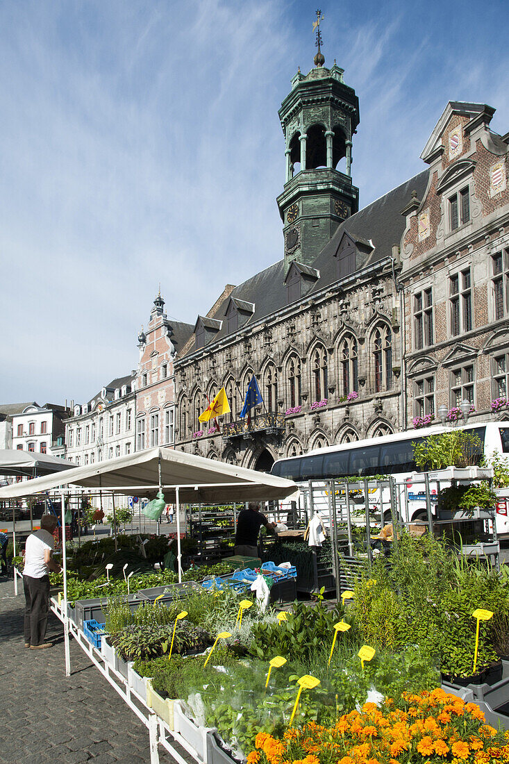 Rathaus, Wochenmarkt auf Grand Place, Mons, Hennegau, Wallonie, Belgien, Europa
