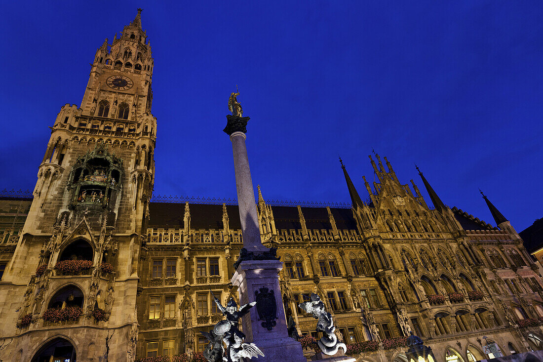 Munich Town Hall at night, Marienplatz, Muenchener Rathaus, Munich, Bavaria, Germany