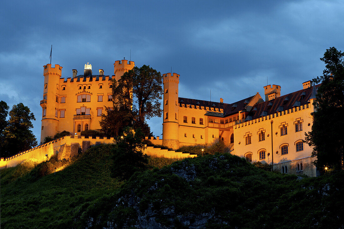 Hohenschwangau castle in the evening light, Hohenschwangau, Bavaria, Germany, Europe