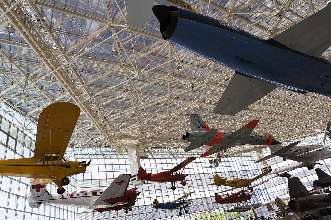 Vintage airplanes inside the Great Gallery at the Museum of Flight. The Museum of Flight is one of the largest air and space museums in the world with a collection of more than 150 historically significant air and spacecraft.  The museum's exhibits cover 