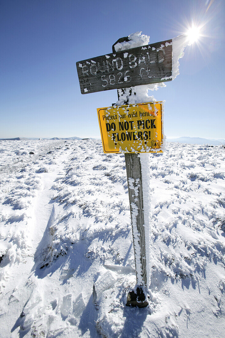 Sign for Round Bald along the Appalachian Trail on the TN/NC border near Roan Mountain.