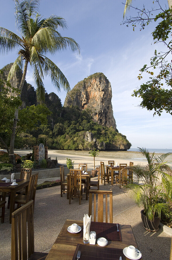 Views of the Thaiwant Wall, a famous climbing destination in Railay, from the restaurant of the Railay Bay Resort and Spa, a newly remodeled resort catering to the wealthier crowd.