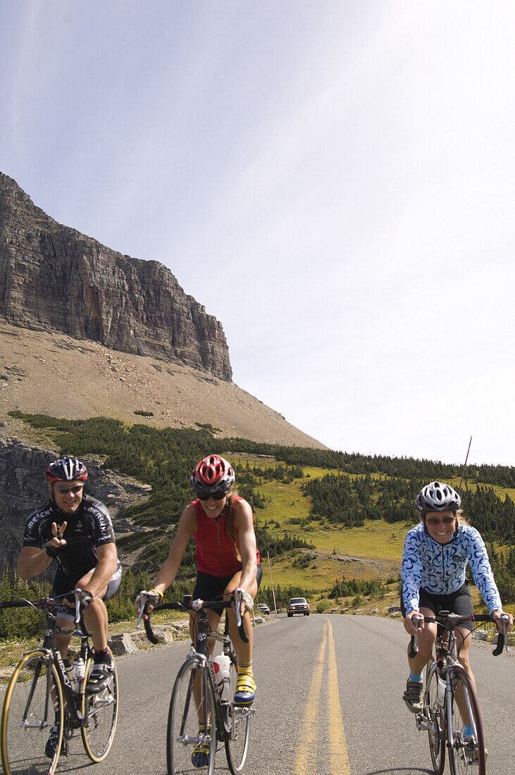 The famous Going to the Sun Road that crosses the Continental Divide at Logan Pass in the heart of Glacier National Park, MT. It's the only road across the park and open for biking during limited hours - Mitch Moylan, Melanie Toelcke, Lou Albershardt.