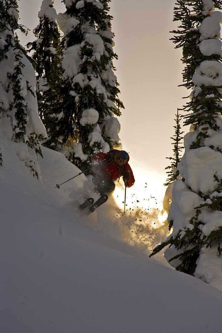 Evan Stevens backcountry ski touring at the Valhalla Mountain Touring Lodge in the Valhalla mountains of British Columbia, Canada.