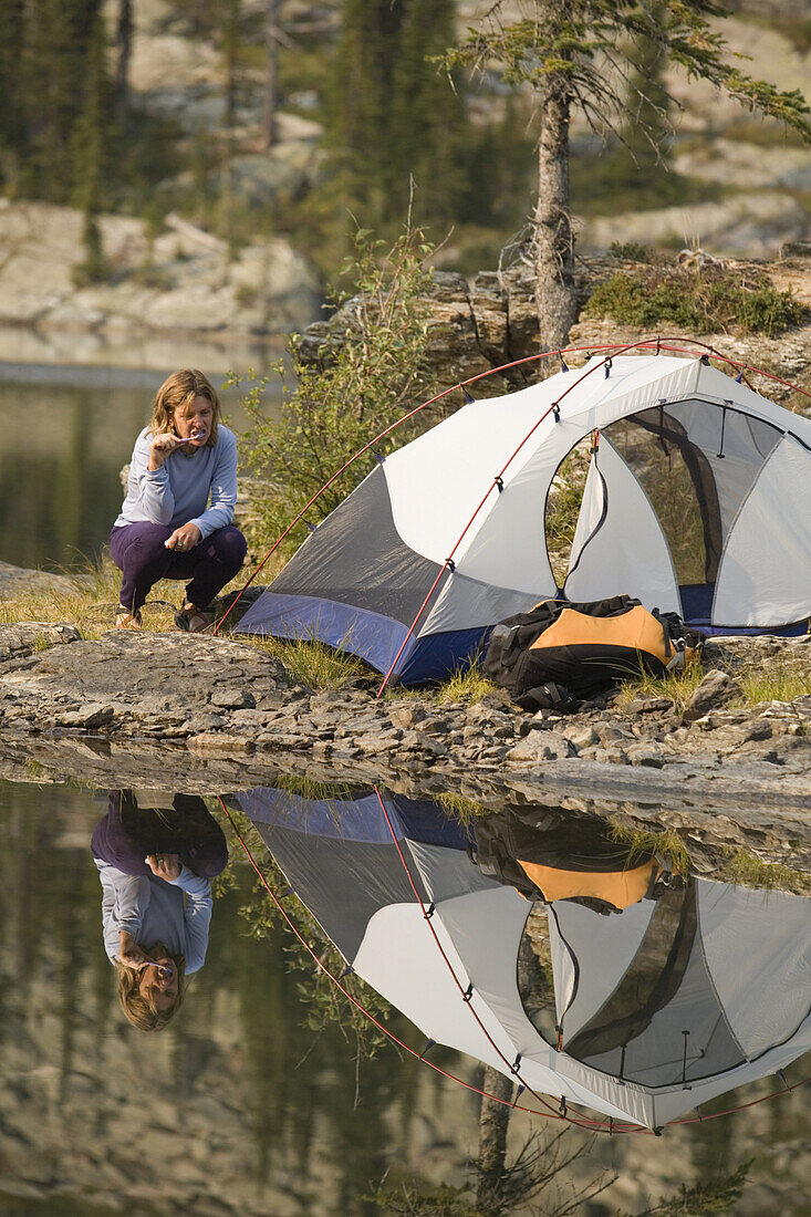 Two females backpacking Jewel Basin area of Montana's Flathead National Forest near Kalispell & Glacier National Park - Karen South.