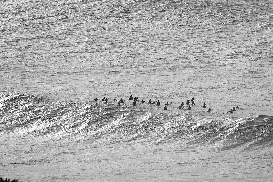 a group of surfers waiting for big waves at Waimea Bay on the north shore of Oahu Hawaii  Not released