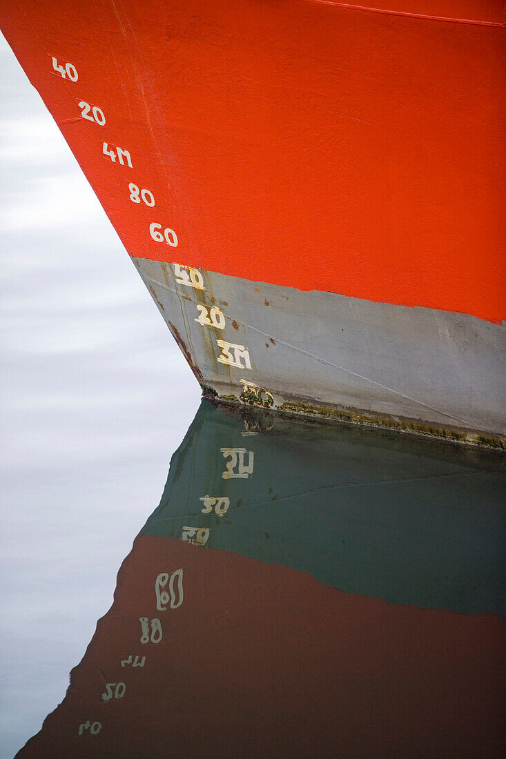 Hand painted depth markers on the bow of a boat in the harbor at Cape Town, South Africa. Photo by Jonathan Kingston/Aurora