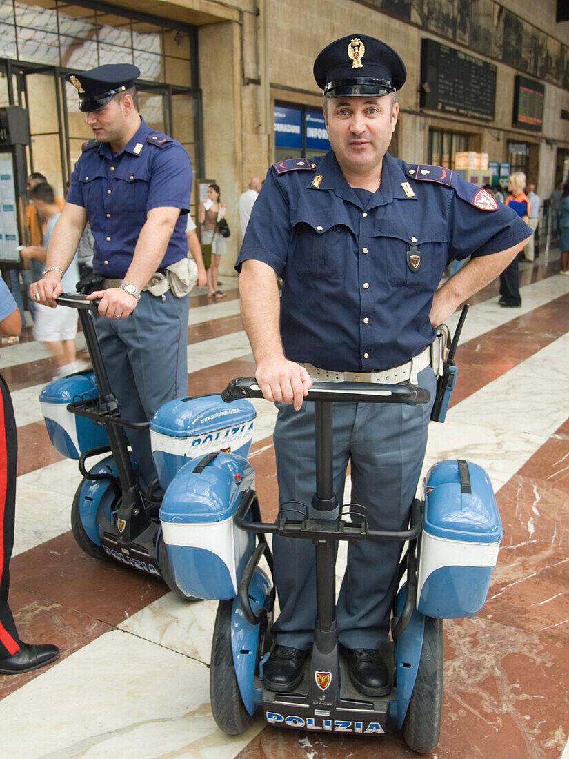 Florence, Italy. 9/13/06  Italian policemen use Segway personal transport vehicles in the train station in Florence, Italy.   Photo by David H. Wells/Aurora Photos