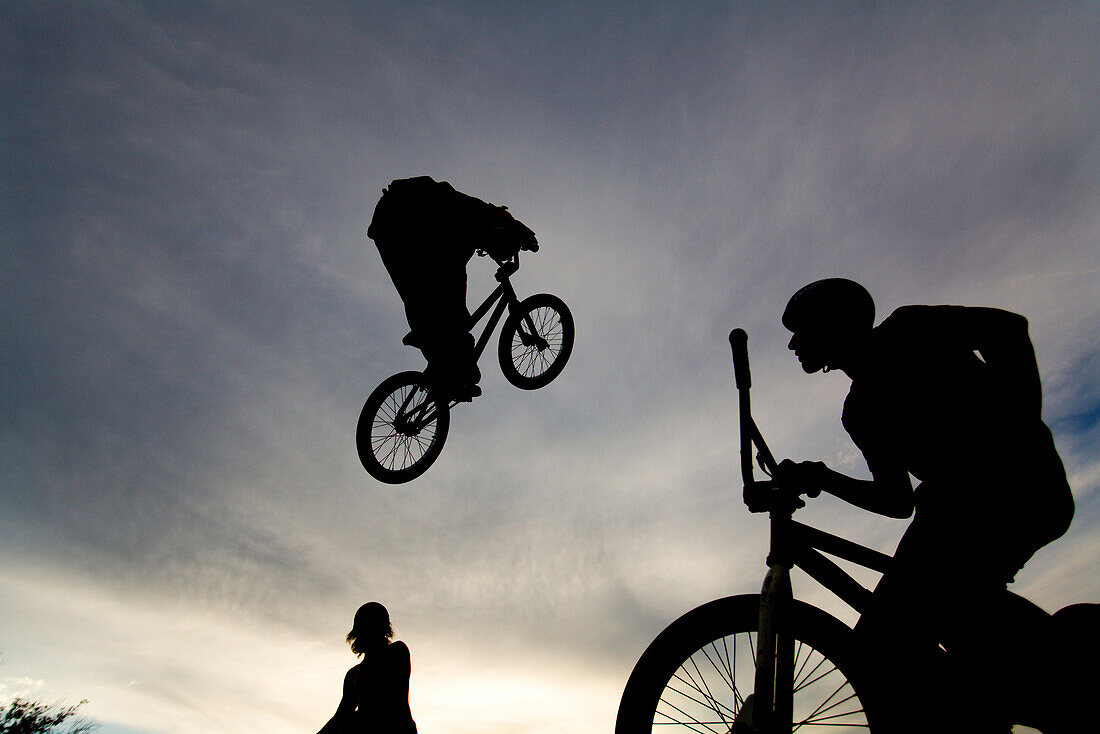 A BMX biker flying through the air in Las Vegas, Nevada.