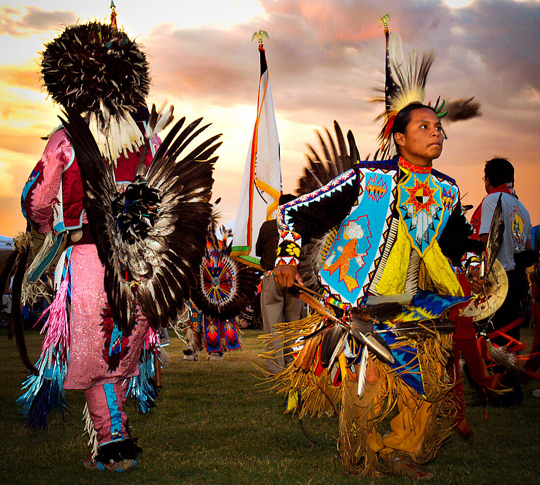 Native Americans perform a dance at a powwow in Mesa Verde, Colorado.