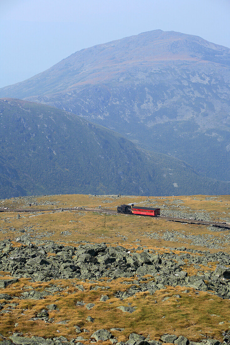 The Mt. Washington Cog Railway makes its way to the summit of Mt Washington just north of North Conway, NH.