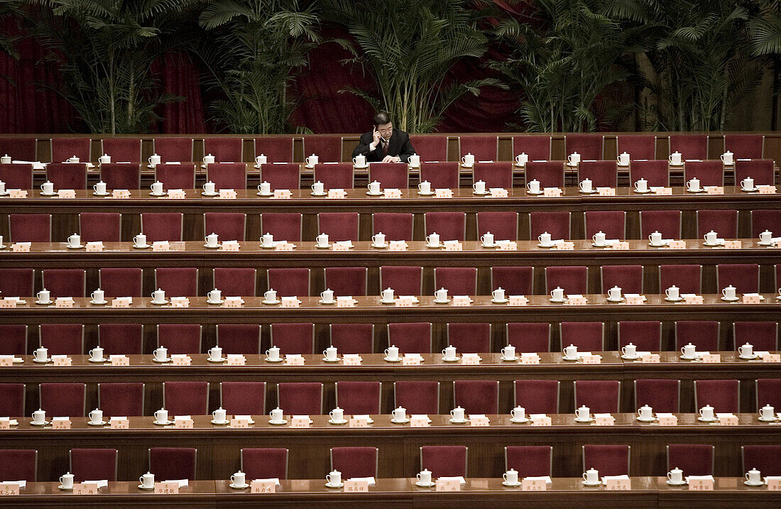 A delegate makes a call on a mobile phone in the Great Hall of the People before a session of the National People's Congress, China's Parliament.