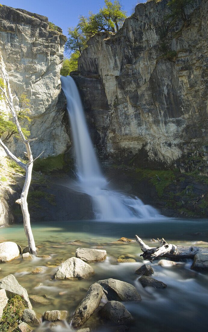 Water pouring over the Chorillo Del Salto falls on February 24, 2008 in Las Glaciares National Park, Chalten, Argentina.