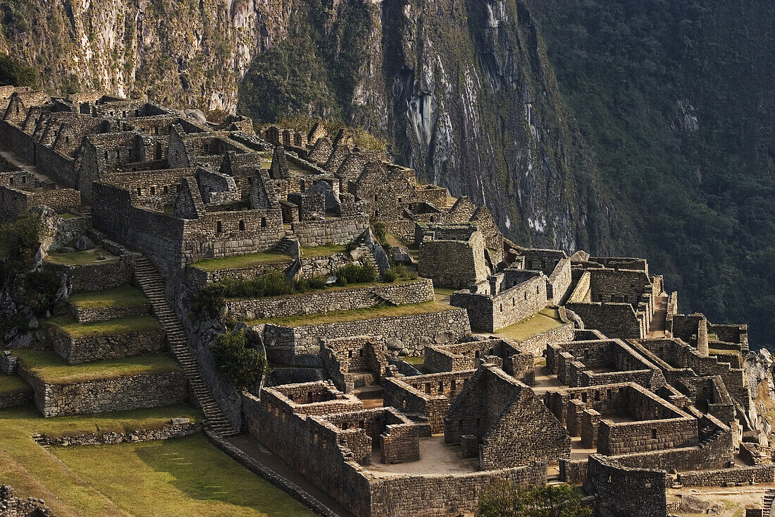 Early morning light strikes stone ruins in Machu Picchu, Peru on September 21, 2005.