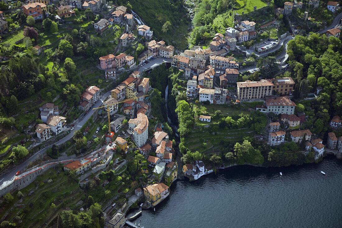 Aerial view of a picturesque village on Lake Como, Italy.