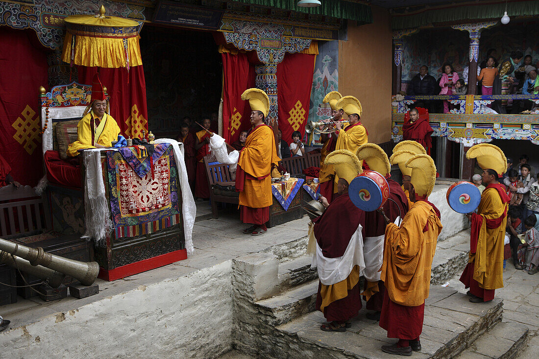 Sang Sang Rimpoche initiates Mani Rimdu festival at Chiwang Monastery.Solu Khumbu, Nepal.