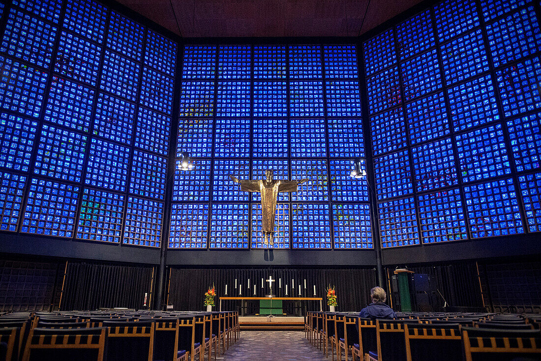 Blue coloured glass facade in the Emperor Wilhelm memorial church on Kurfuerstendamm, Berlin, Germany