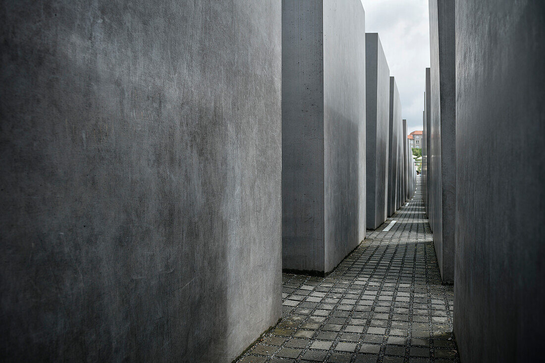 Between columns of Holocaust Memorial, memorial for the murdered Jews of Europe, Berlin, Germany