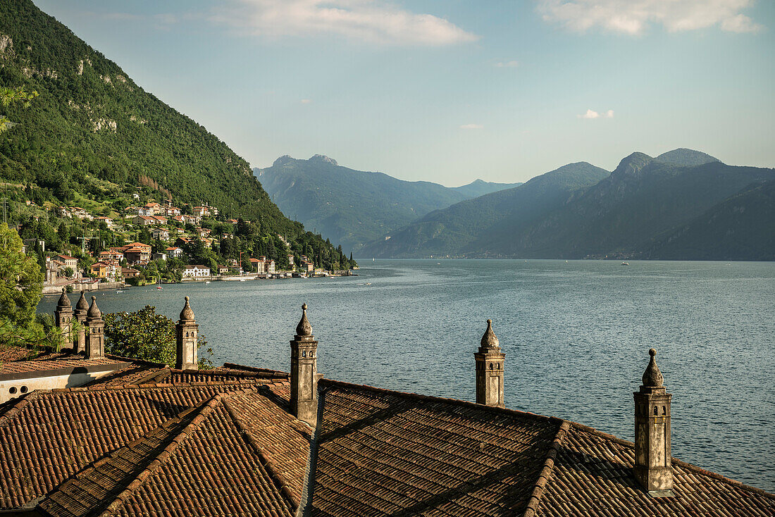 view across roof of a villa and Lake Como, Varenna, Lombardy, Italy, Europe