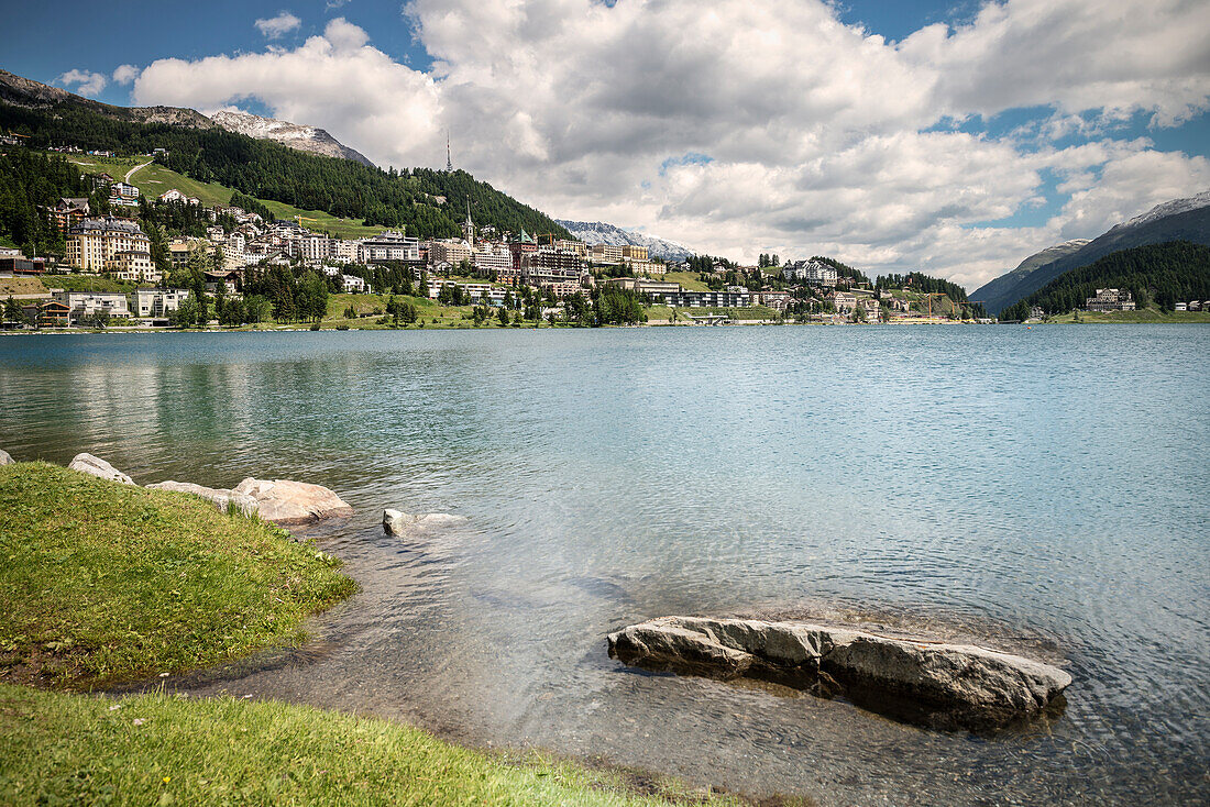 view across lake St. Moritz towards the town center, St. Moritz, Engadin, Grisons, Switzerland