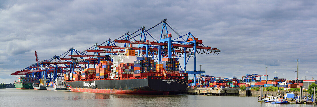 Panorama with freight ships in the container terminal Burchardkai, Waltershof, Hamburg, Germany