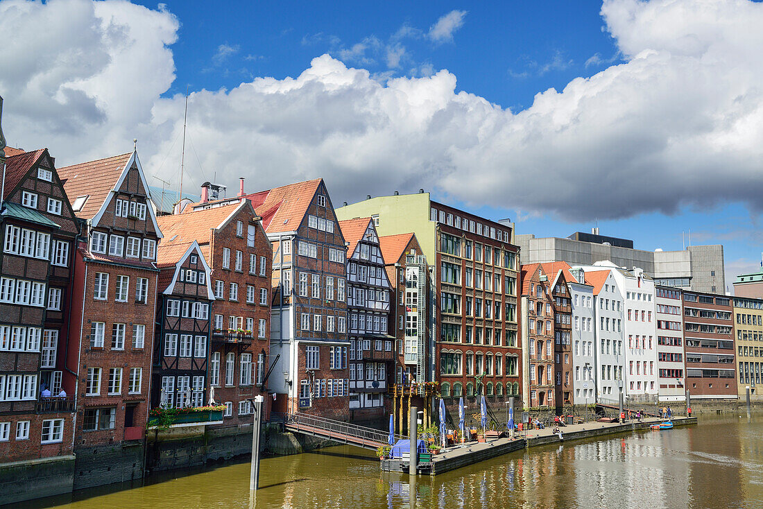 Brick houses and pier at Nicolaifleet, Nicolaifleet, Hamburg, Germany