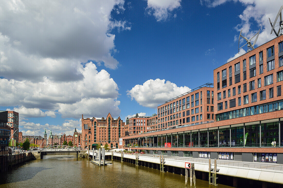 Port Magdeburger Hafen with warehouse district in the background, Hafencity, Hamburg, Germany