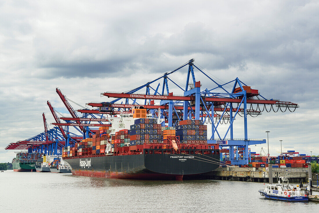 Container ships at container terminal Burchardkai, Waltershof, Hamburg, Germany