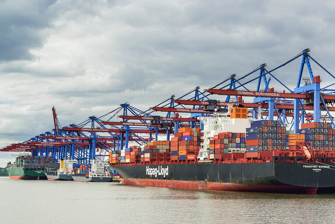 Container ships at container terminal Burchardkai, Waltershof, Hamburg, Germany