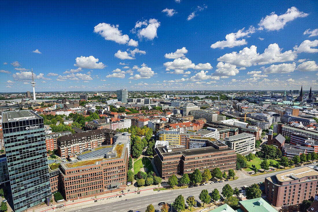 View to Hamburg with Heinrich-Hertz-Turm, Telemichel, Binnenalster and city hall from Michel, church St. Michaelis, Hamburg, Germany