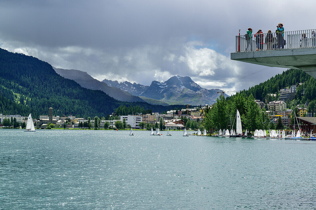 Observation deck above Lake St. Moritz, St. Moritz, Upper Engadin, Kanton of Graubuenden, Switzerland