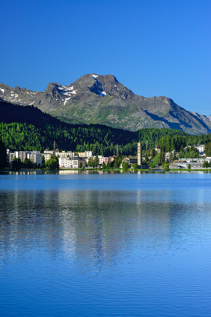 Blick über St. Moritzersee auf Piz la Margna, St. Moritz, Oberengadin, Engadin, Kanton Graubünden, Schweiz