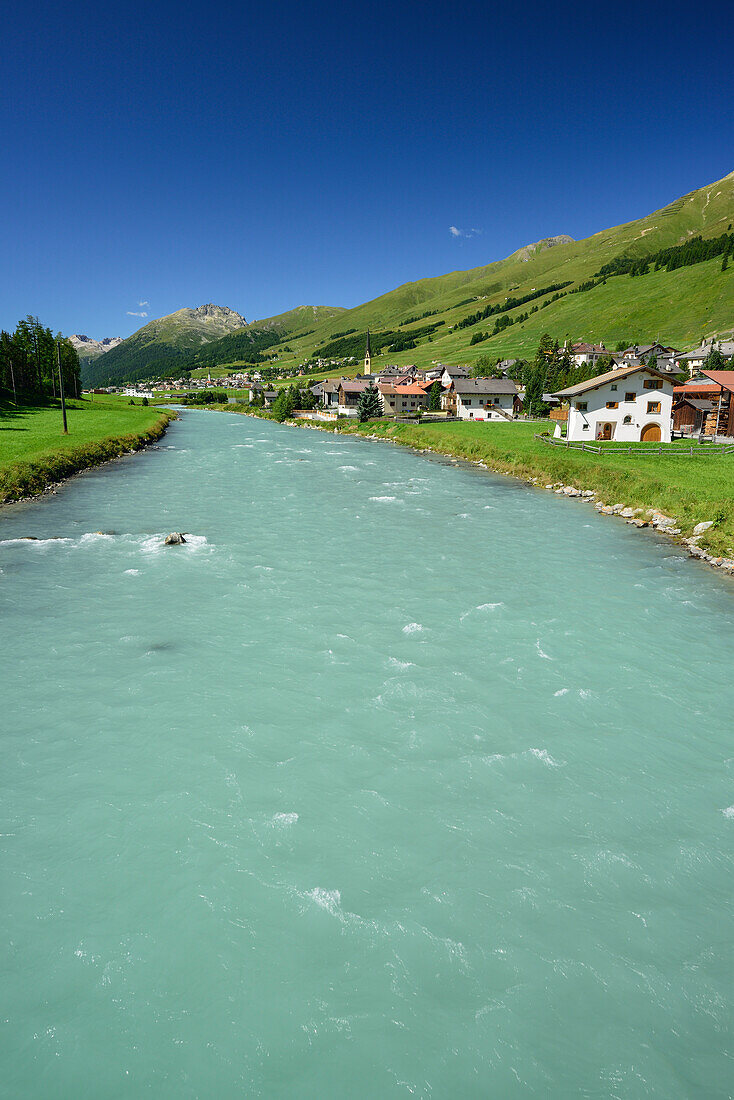 View over Inn river to S-chanf, La Plaiv, Upper Engadin, Canton of Graubuenden, Switzerland