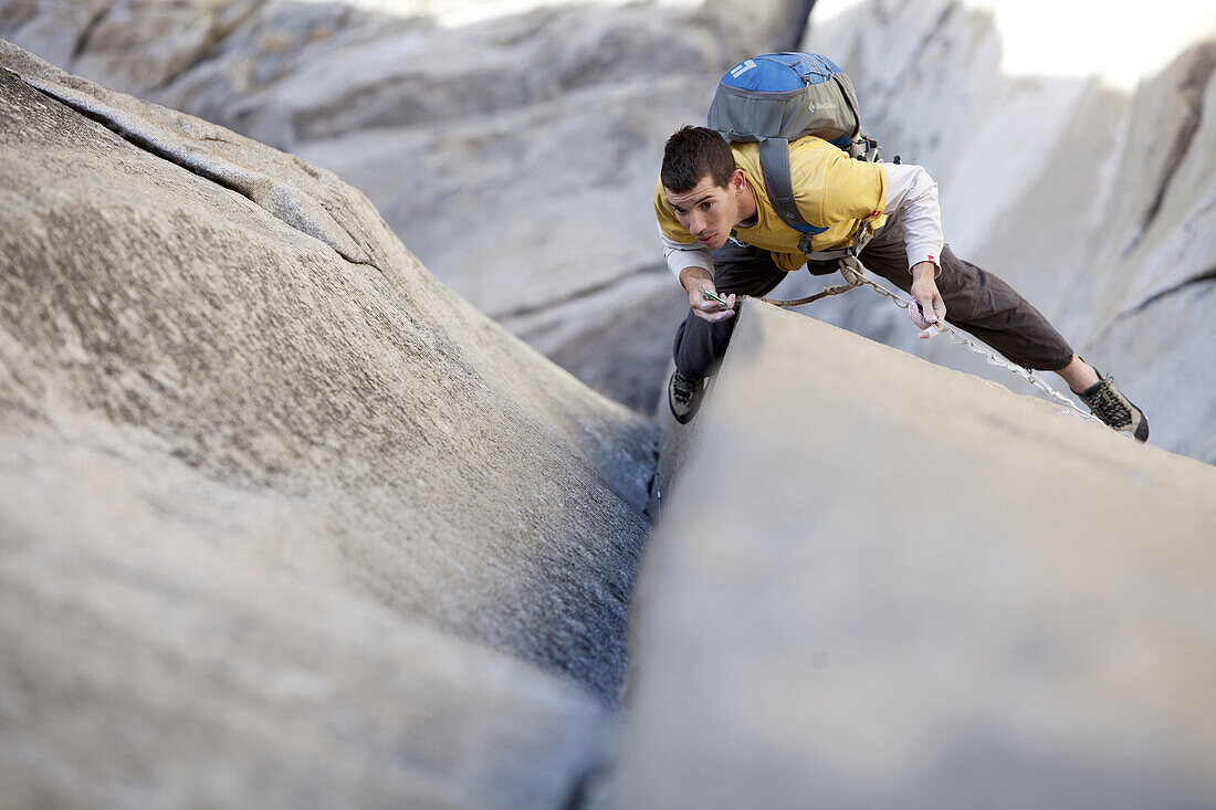 Alex Honnold solos The Nose on El Capitan in Yosemite National Park, California.