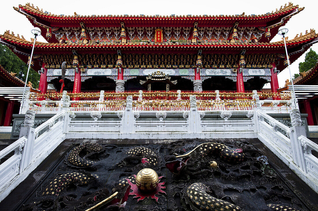 'Wenwu Temple, near Sun Moon Lake, West-Central Taiwan, October 21, 2010.  The architecture of the temple has the palace style of northern China.  A large and imposing structure, with three separate halls. On the second floor of the front hall is a shrine