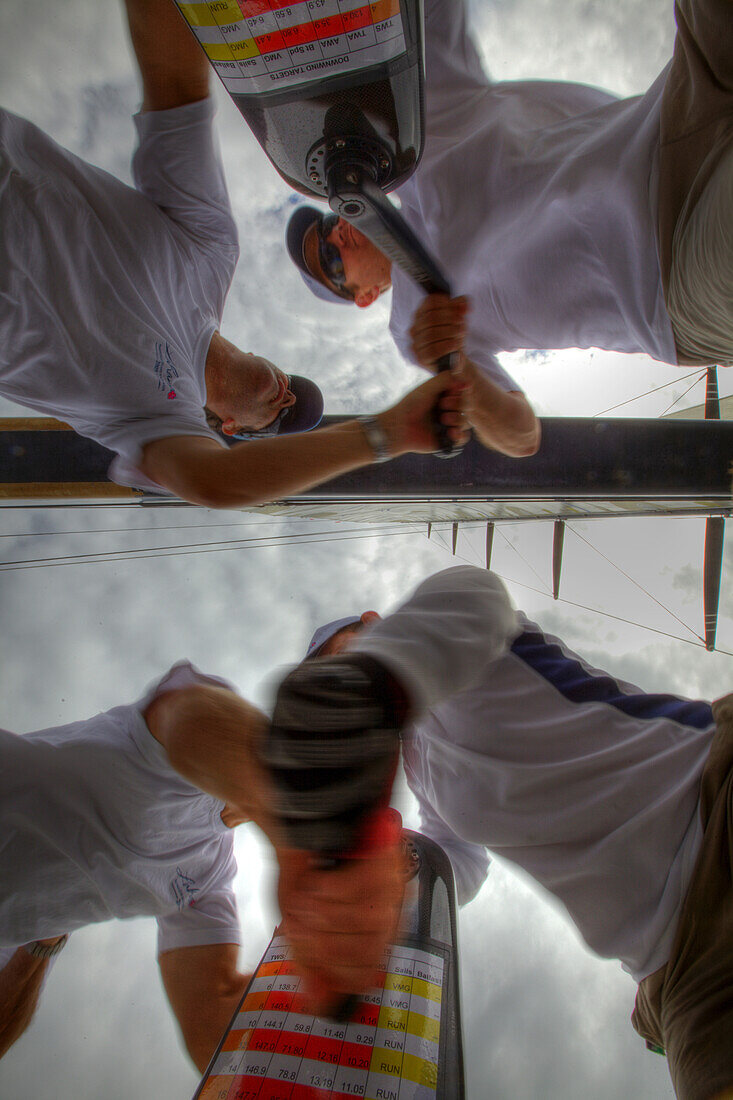 Grinders on board Lahana during The  SOLAS Big Boat challenge 2009, Sydney Harbour, Australia. Lahana is a fixed keel water ballast yacht that was built in 2003 in NZ and designed by Brett Bakewell White. She has previously raced under the name Konica Min