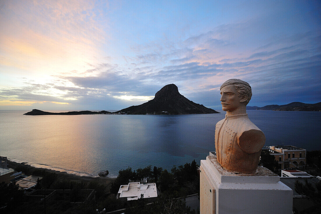 scenic view of Greek island of Teledos over greek bust