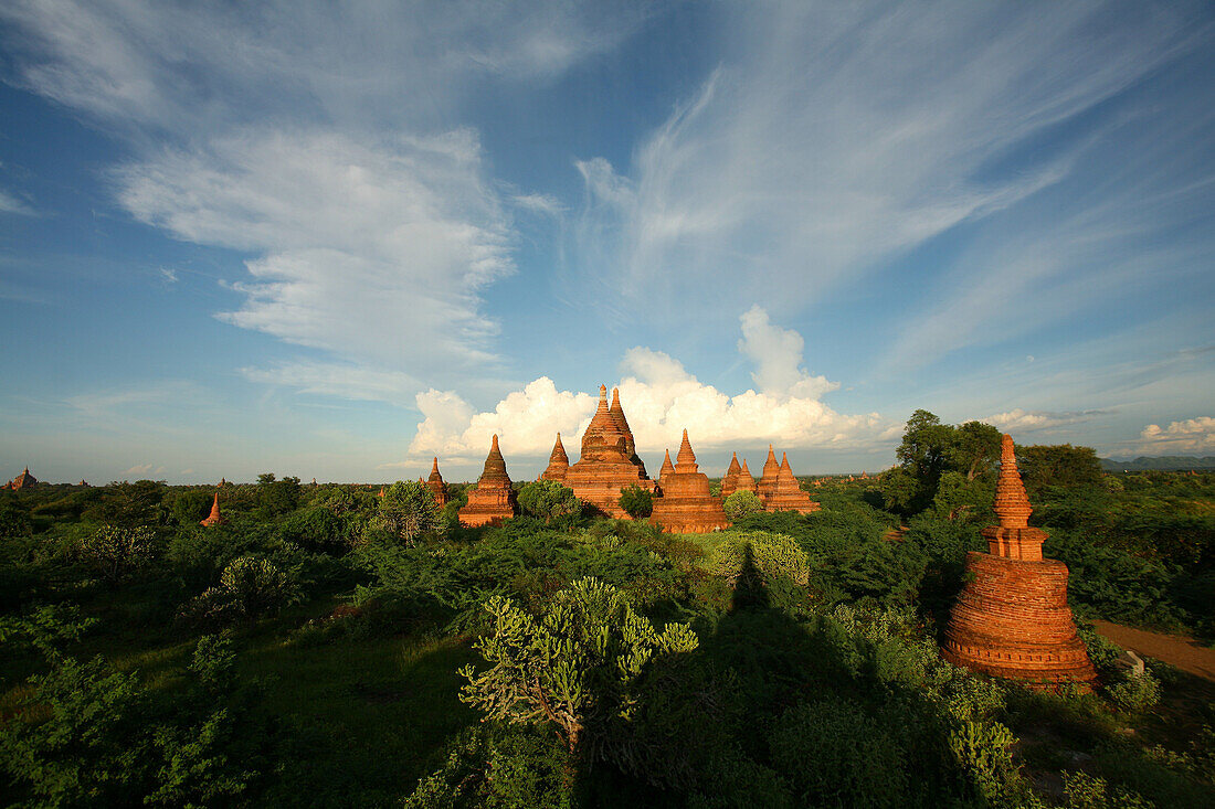 Pagodas and estupas in Pagan Silhouettes of the temples and pagodas of the old ruined city at dawn, Bagan, Myanmar, Asia