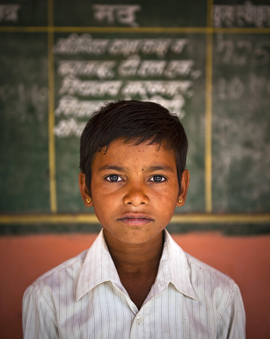 A portrait of a school boy, Rajasthan, India.