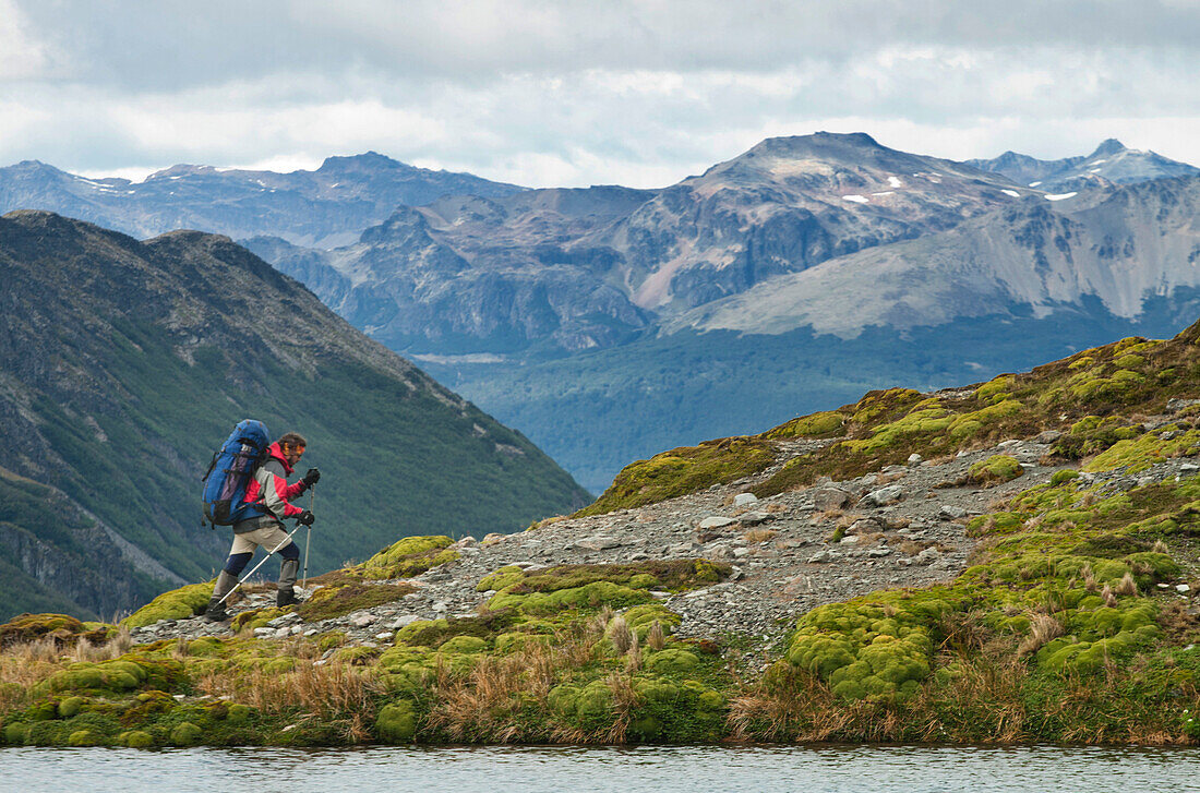 A man with a backpack trekking with the Darwin Mountain range in the background in Tierra del Fuego,  Patagonia,  Chile.