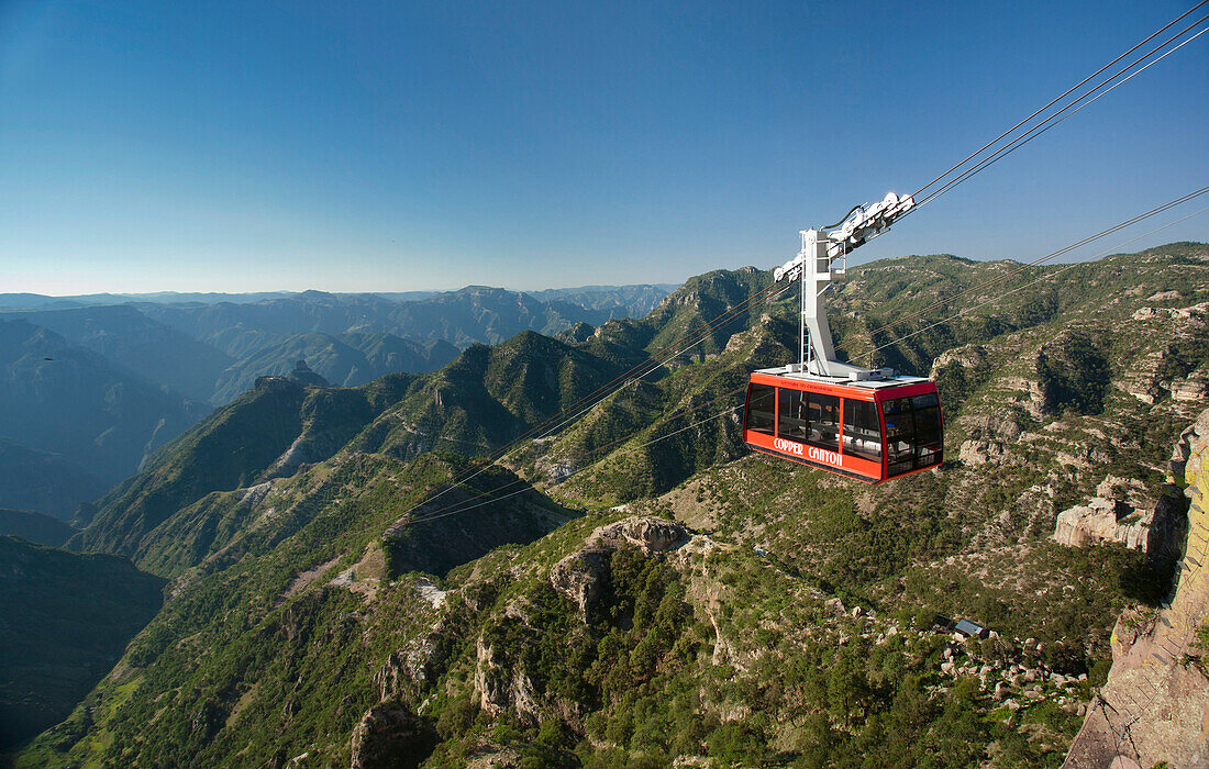 A red cable car is one the main attractions of the new Copper Canyon Adventure Park in Chihuahua,  Mexico.