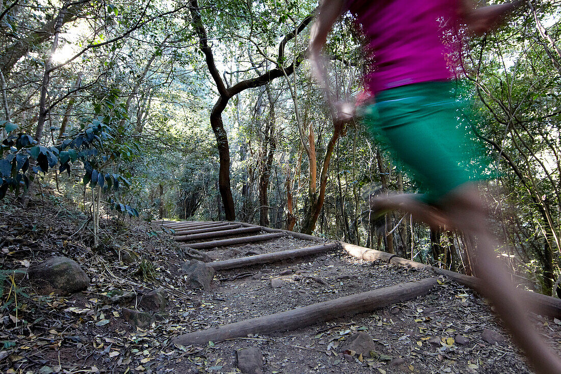 Susann Scheller running on one of the many trails of Cape Town Botanical Gardens.  Table Mountain, Cape Town, South Africa.