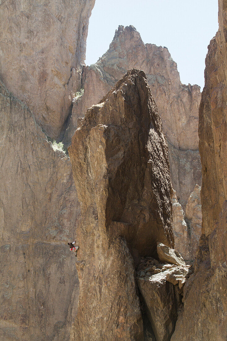 Rock climbing in La Buitrera canyon in Piedra Parada, Chubut, Argentina.