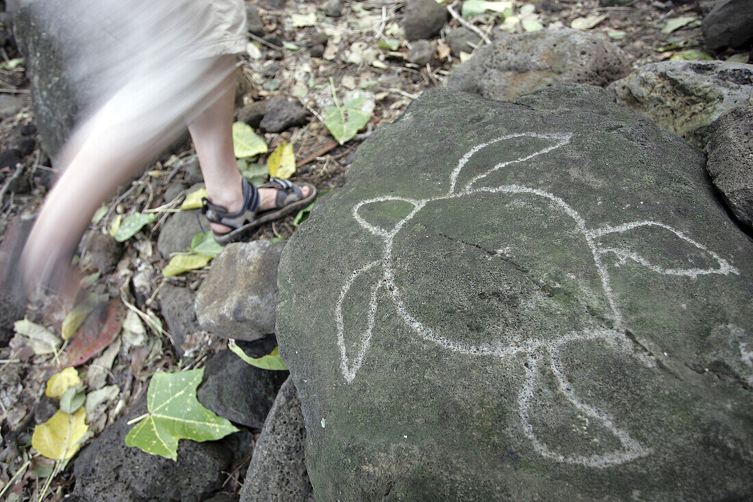 KAUAI, HI - JANUARY 15: A hiker passes by a carved rock at Kalalau Beach on the Napali Coast, Kauai on January 15, 2005. Photo by Olivier Renck/Aurora