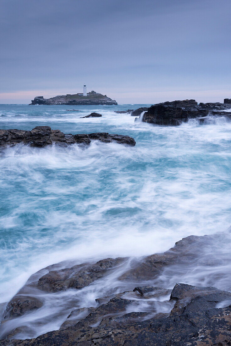 Crashing Atlantic waves in winter near Godrevy Lighthouse, Cornwall, England, United Kingdom, Europe