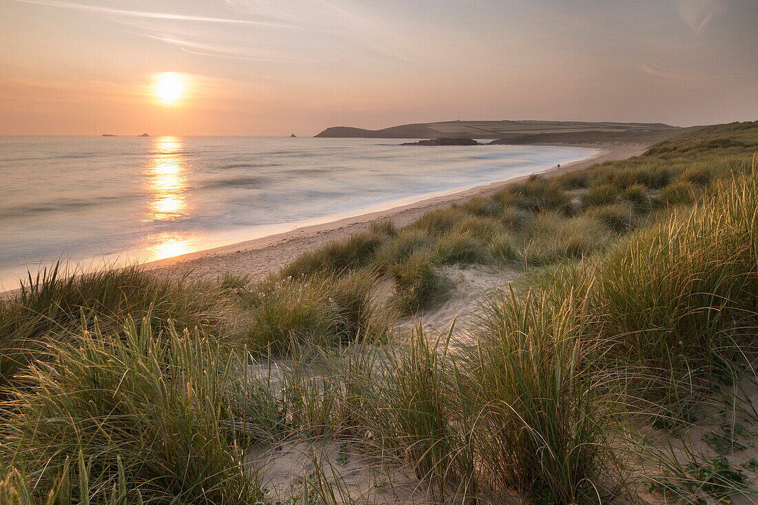 Sunset over Constantine Bay in North Cornwall, England, United Kingdom, Europe