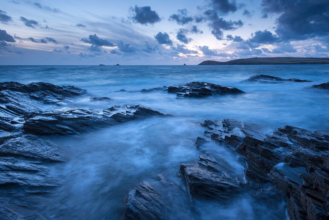 Twilight over Trevose Head from the rocky shores of Treyarnon Point, Cornwall, England, United Kingdom, Europe