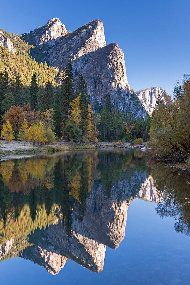 The Three Brothers reflected in the Merced River at dawn, Yosemite Valley, Yosemite National Park, UNESCO World Heritage Site, California, United States of America, North America
