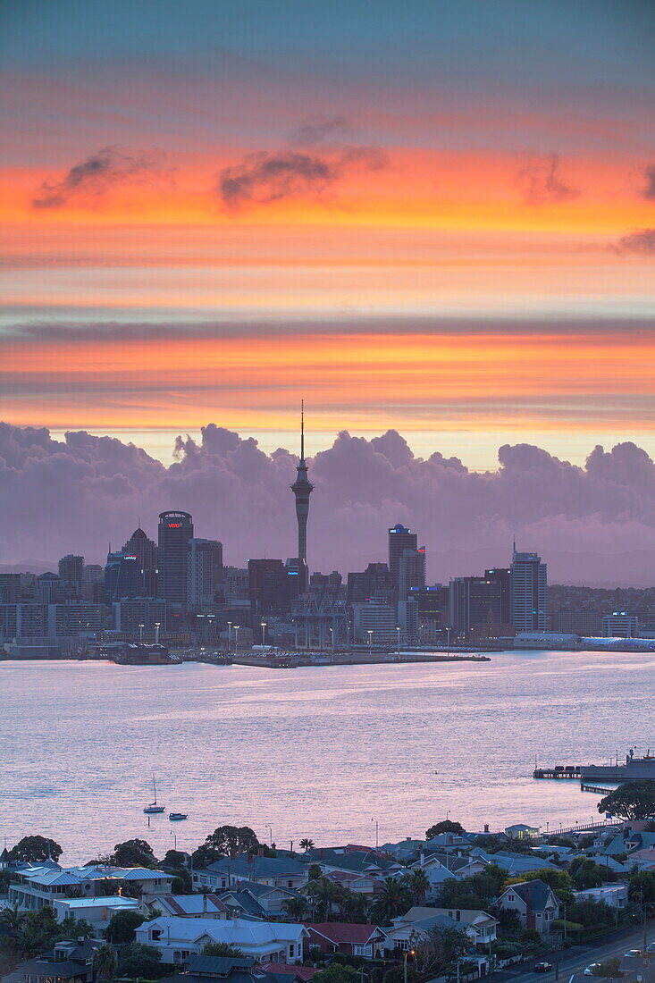View of Auckland and Devonport at sunset, Auckland, North Island, New Zealand, Pacific